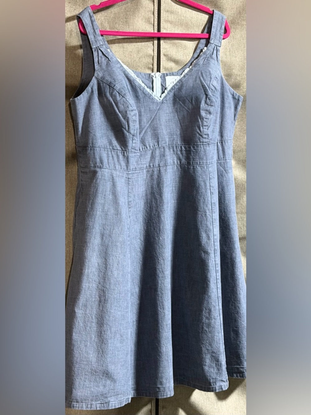 Cherry Velvet Chambray Lace Trimmed  V-Neck Skater Dress w/Pockets 0X